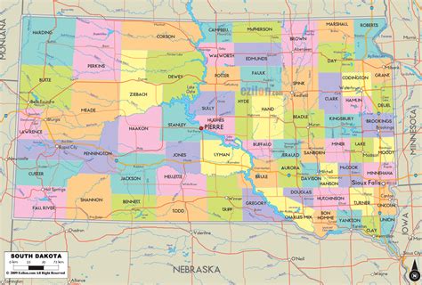 south dakota map with counties and cities.